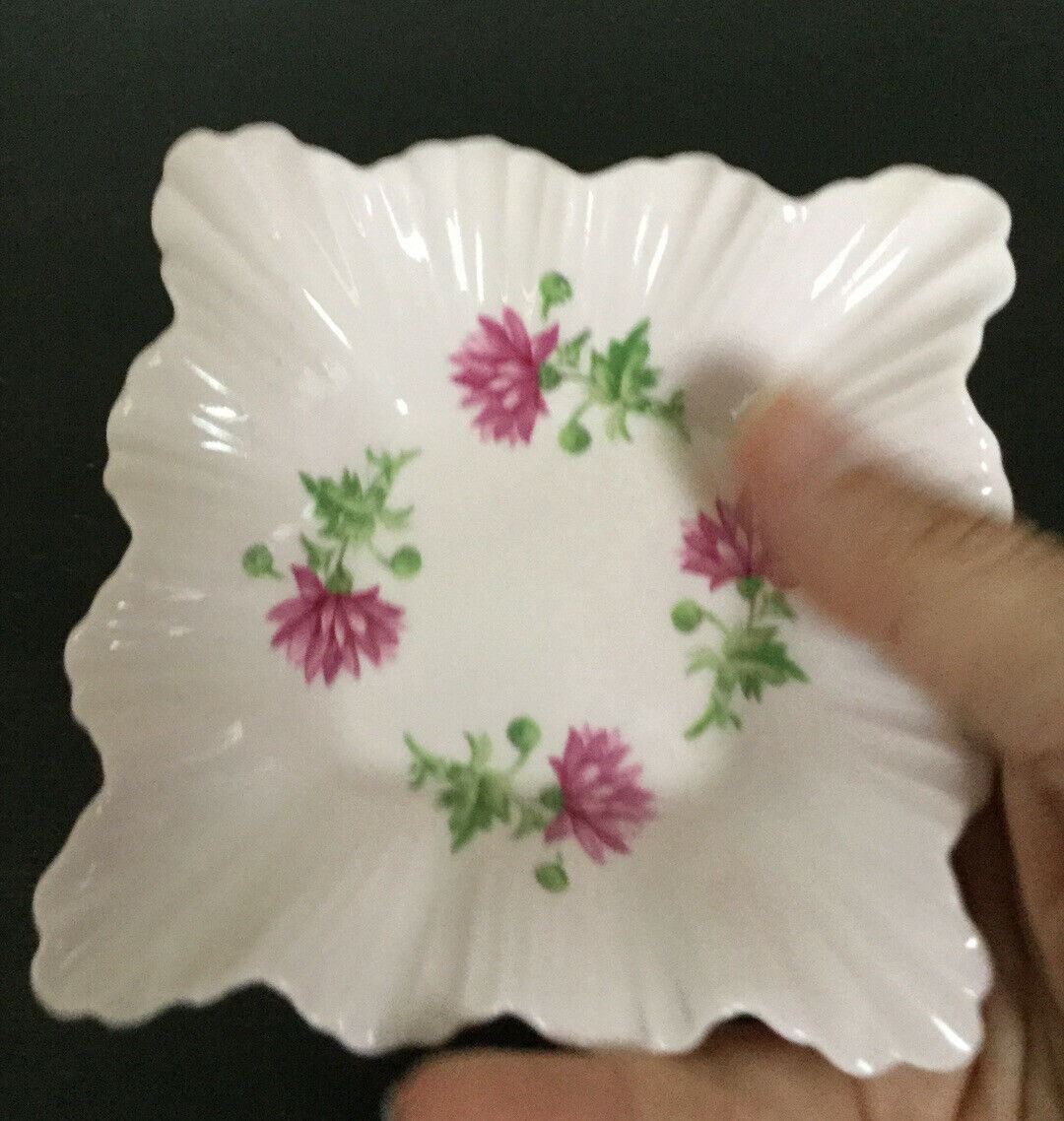 Adderley Bone China Trinket Dish / Pin Dish. Square. Pink Floral With Fluted Edge. Pretty