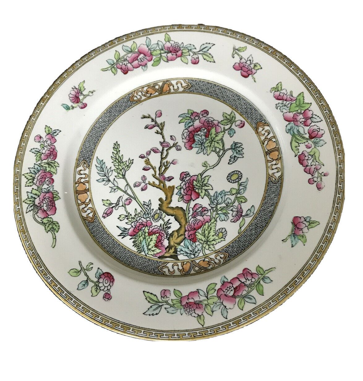 Wedgwood & Co Unicorn Indian Tree 10" Dinner Plate. Vintage. Pink Green. Floral. Pretty