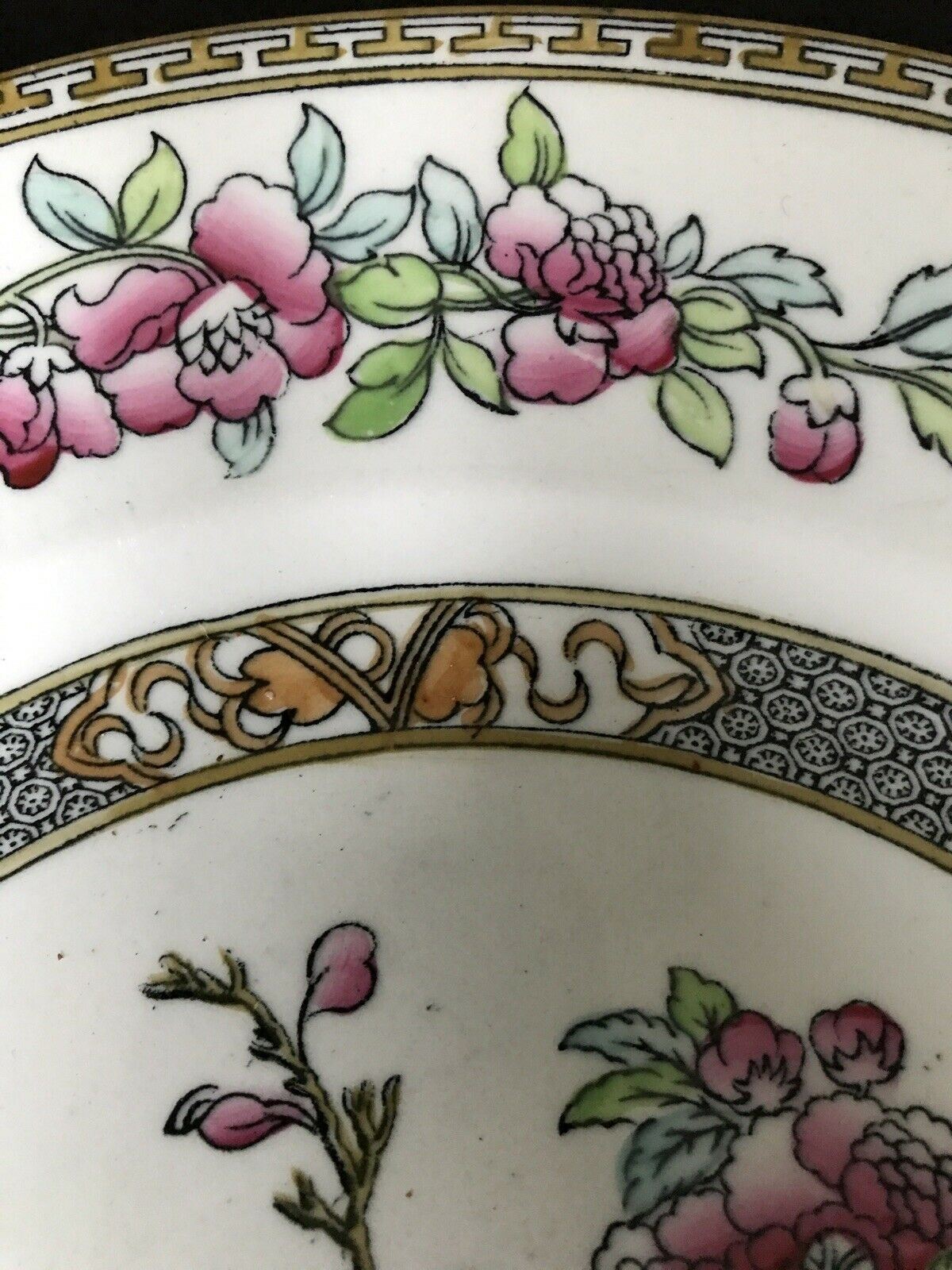 Wedgwood & Co Unicorn Indian Tree 10" Dinner Plate. Vintage. Pink Green. Floral. Pretty