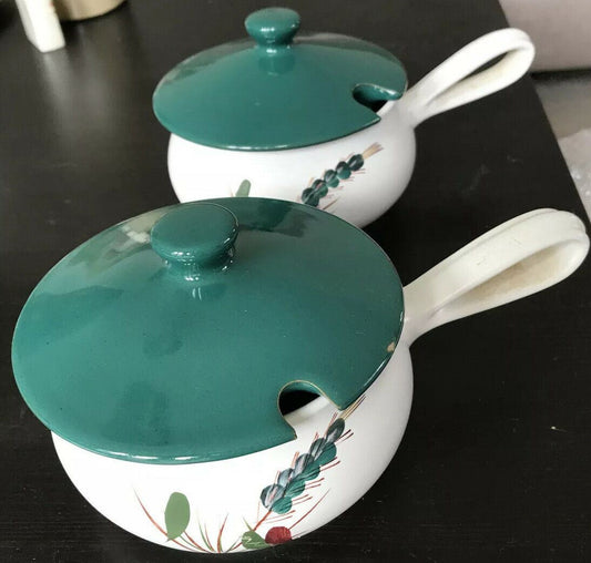 2 x Retro Mini Casserole dishes Denby Greenwheat Handled Lidded Bowls Ovenproof