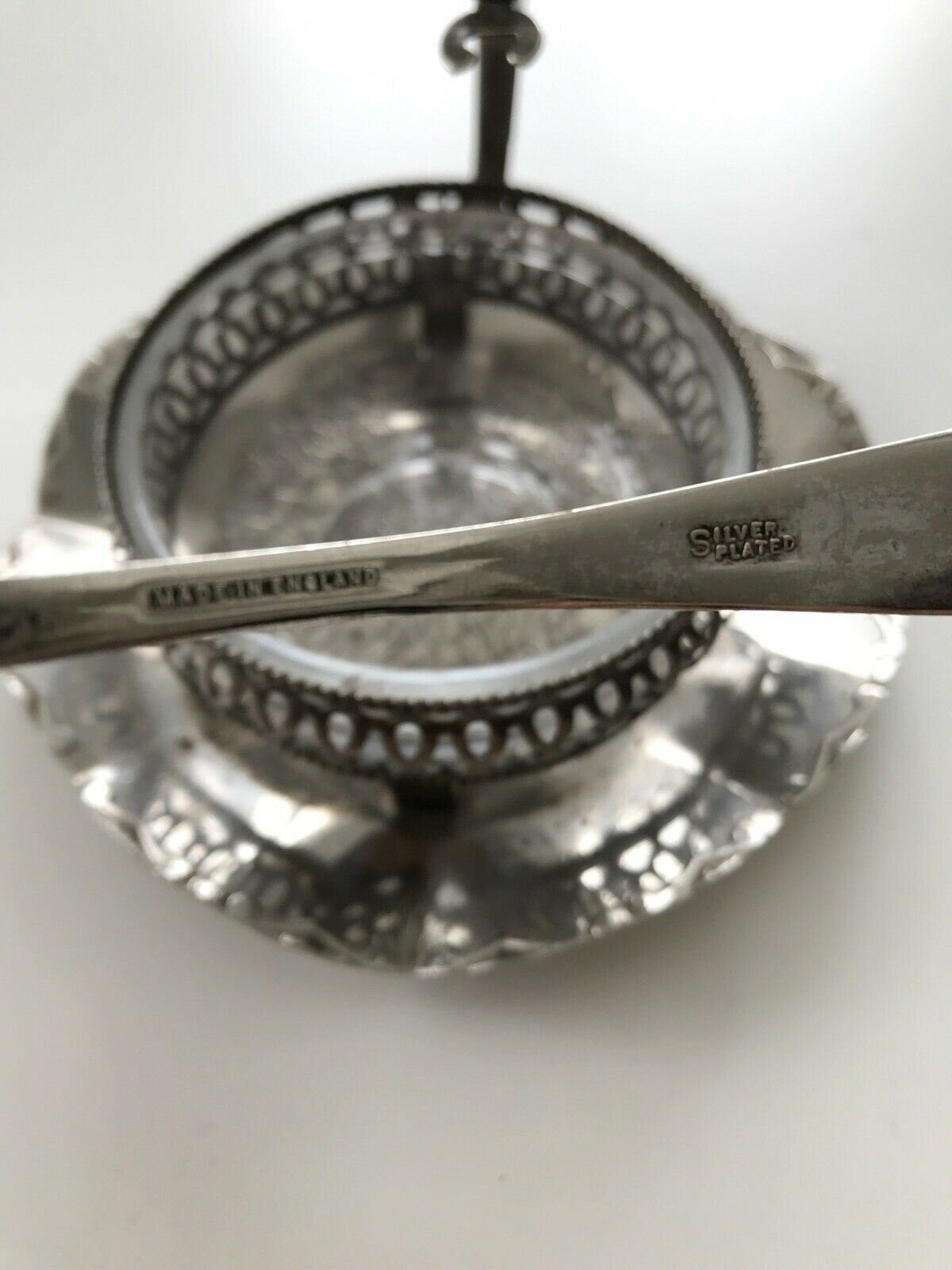 Vintage English Silver Plated And Glass Condiment Server with spoon