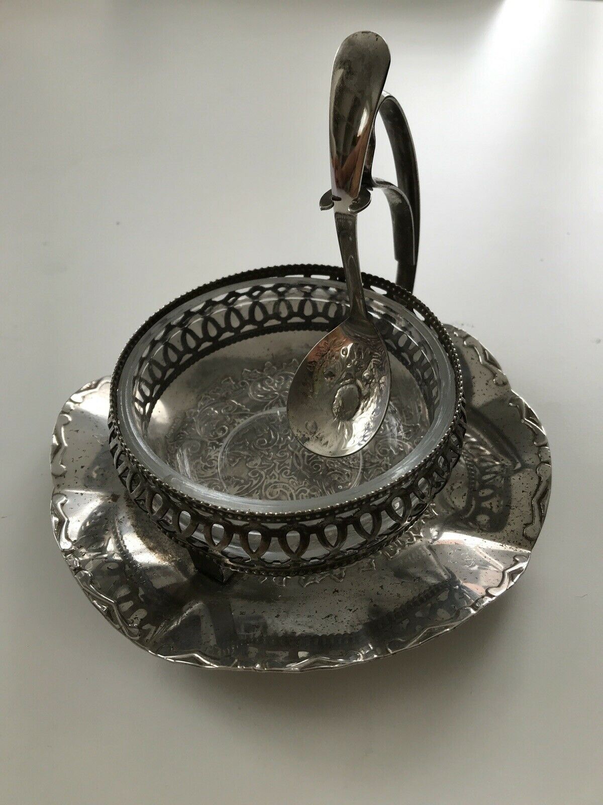 Vintage English Silver Plated And Glass Condiment Server with spoon