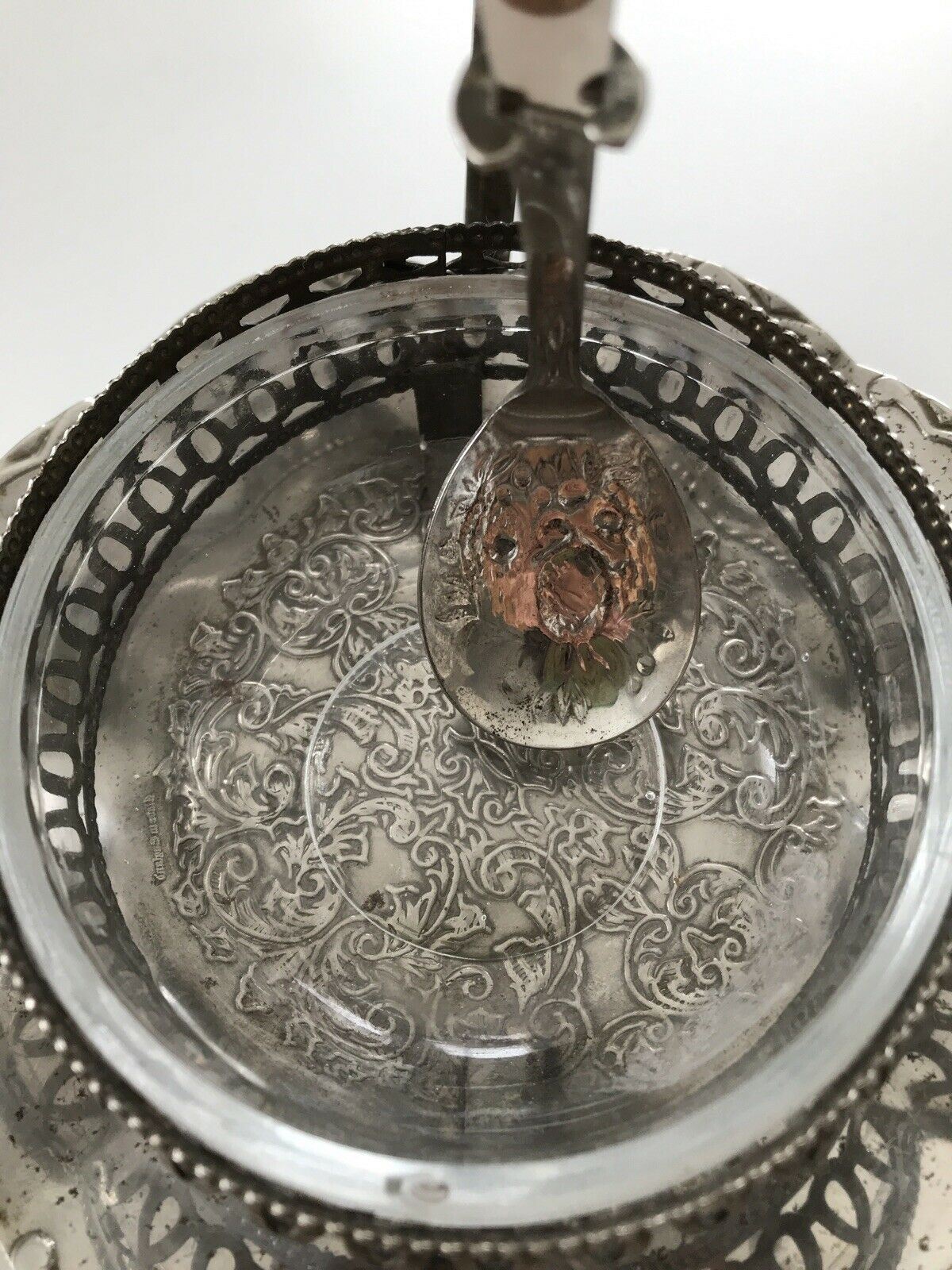 Vintage English Silver Plated And Glass Condiment Server with spoon