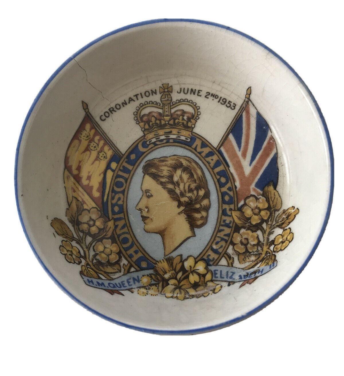 Queen Elizabeth Coronation Trinket Dish Bowl. 1953. Sandland Ware. Cracked