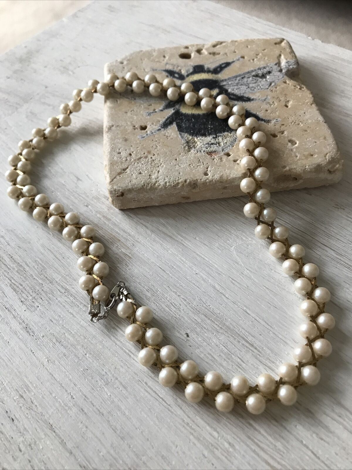 Simulated Pearl & Gold Plated Necklace. Woven. Elegant. Smart.