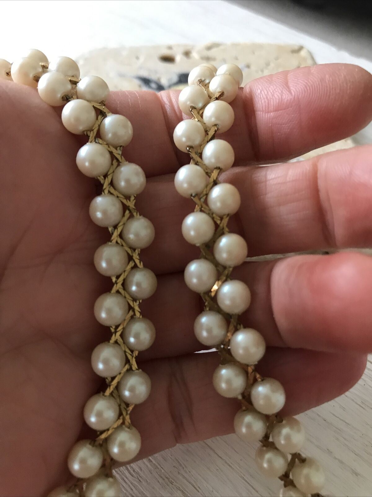 Simulated Pearl & Gold Plated Necklace. Woven. Elegant. Smart.