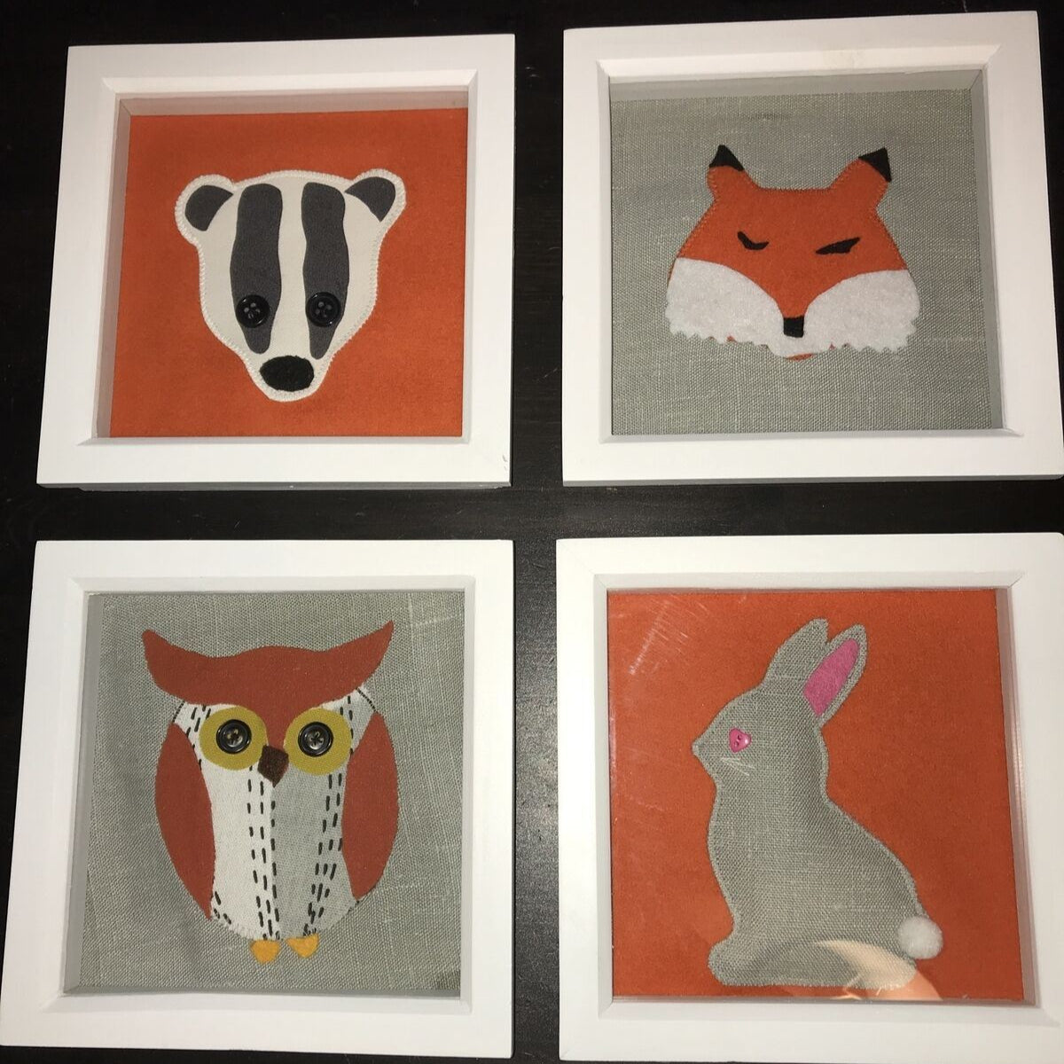 Set Of 4 Handmade Fabric Nursery Pictures - Woodland Creatures - Badger Fox Owl Rabbit