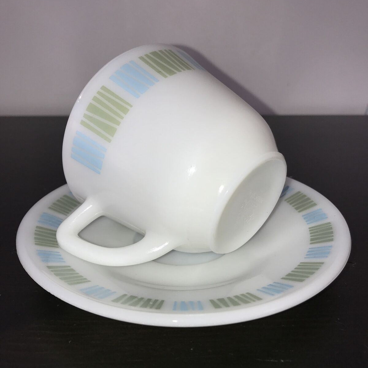 Vintage JAJ Pyrex Matchmaker Cup & Saucer - Retro Mid Century - Blue Green White