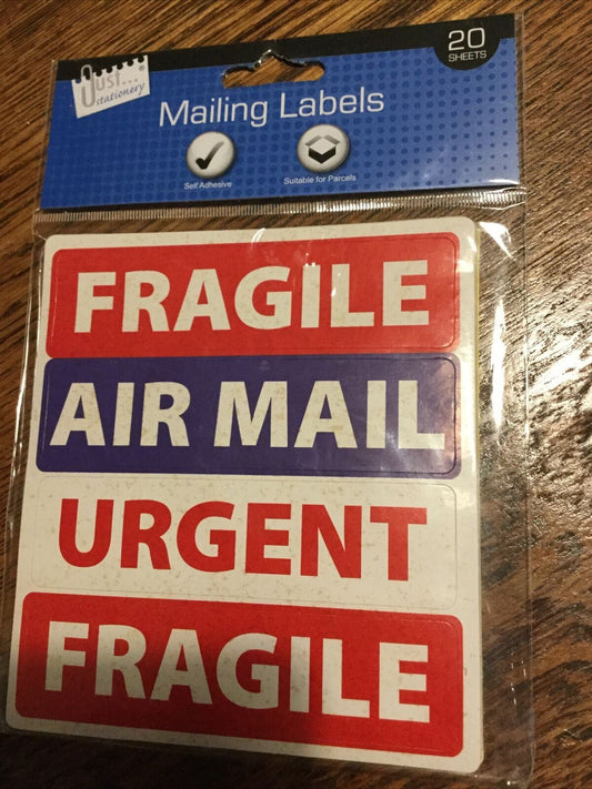 Pack Of Mailing Labels. Fragile. Air Mail. Urgent. 80 Labels. Self Adhesive.