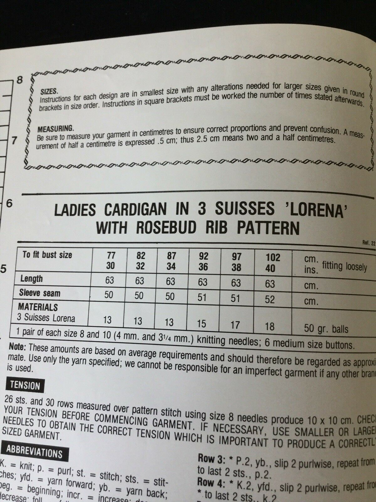 Vintage Knitting Pattern Ladies Cardigan Rosebud Rib 3 Suisses 30-40”