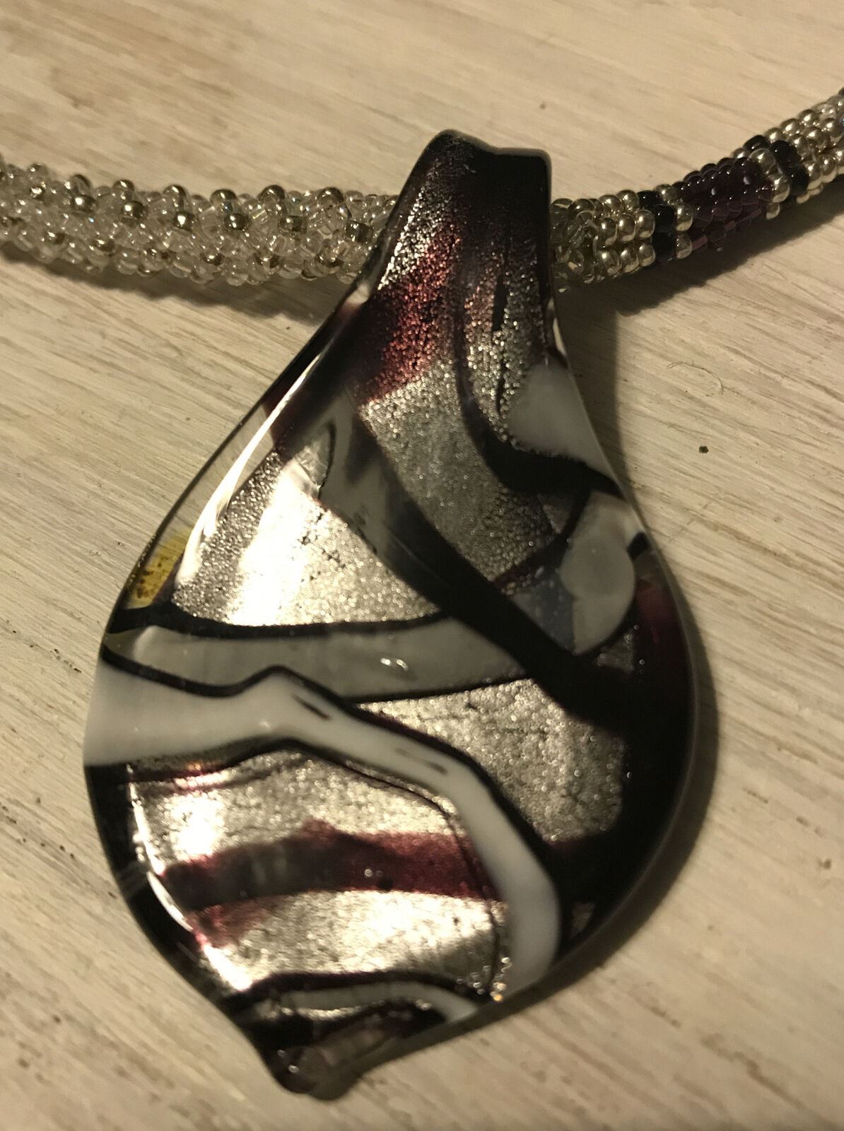 Vintage Purple White Silver Murano Glass Seed Pearl Chunky Pendant Necklace. Boho.