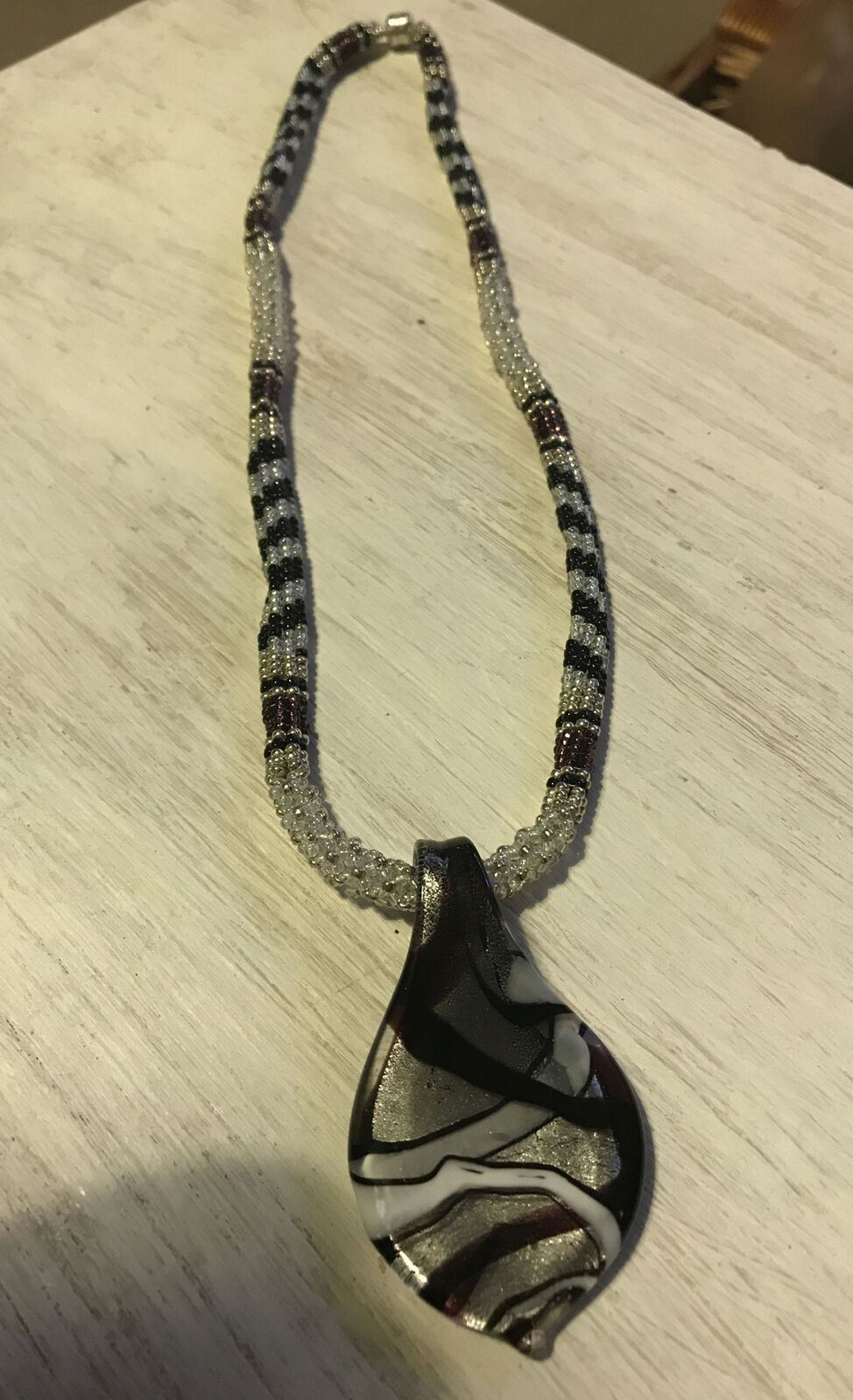 Vintage Purple White Silver Murano Glass Seed Pearl Chunky Pendant Necklace. Boho.