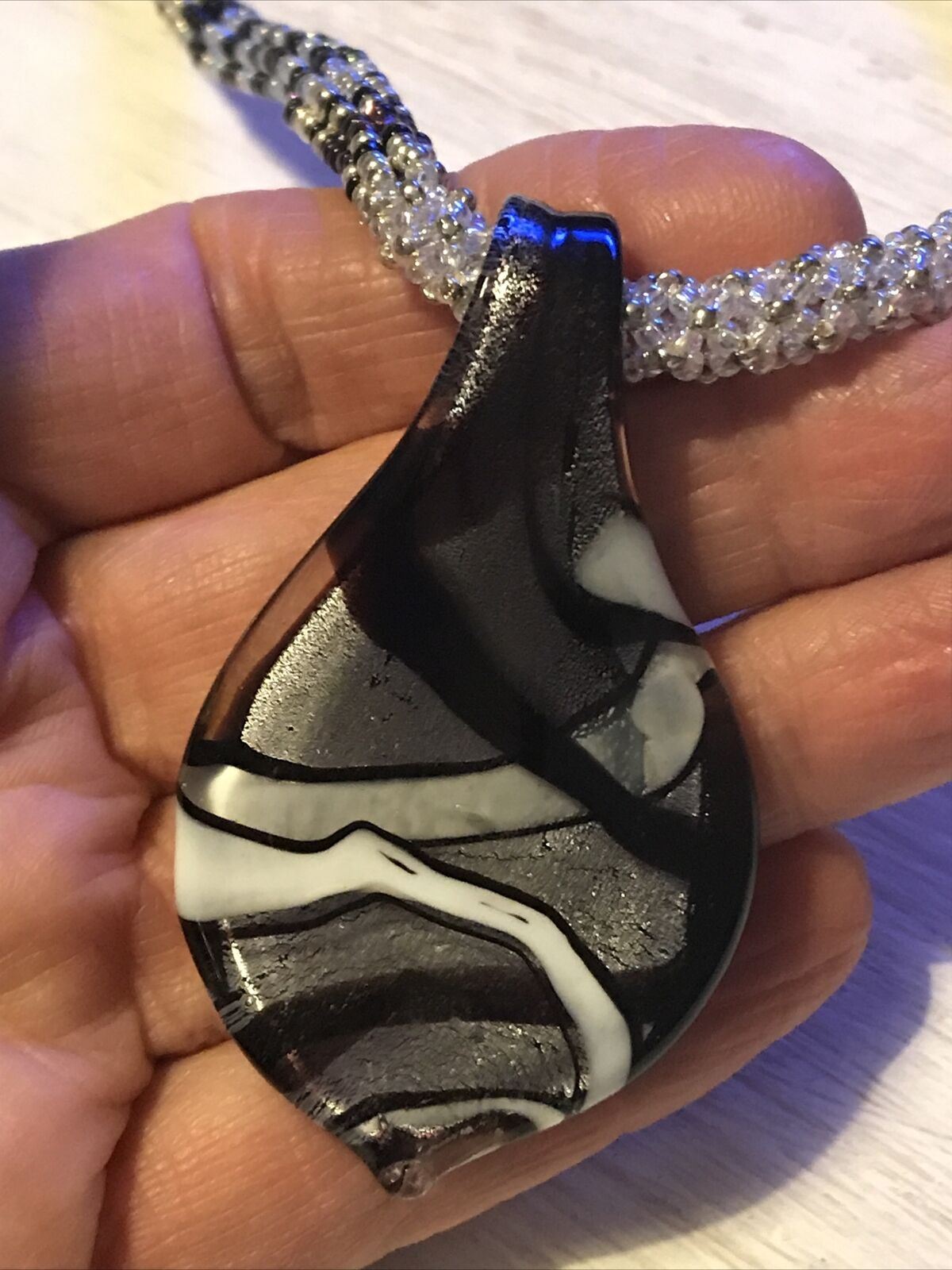 Vintage Purple White Silver Murano Glass Seed Pearl Chunky Pendant Necklace. Boho.