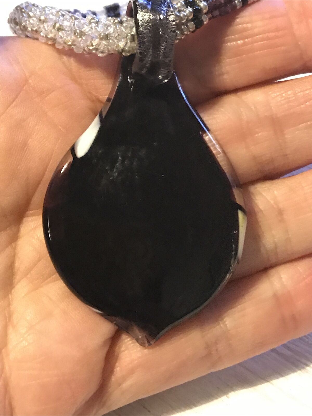 Vintage Purple White Silver Murano Glass Seed Pearl Chunky Pendant Necklace. Boho.