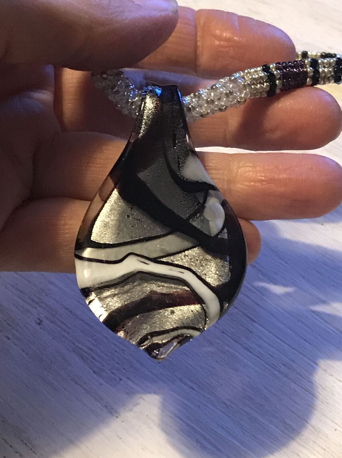 Vintage Purple White Silver Murano Glass Seed Pearl Chunky Pendant Necklace. Boho.