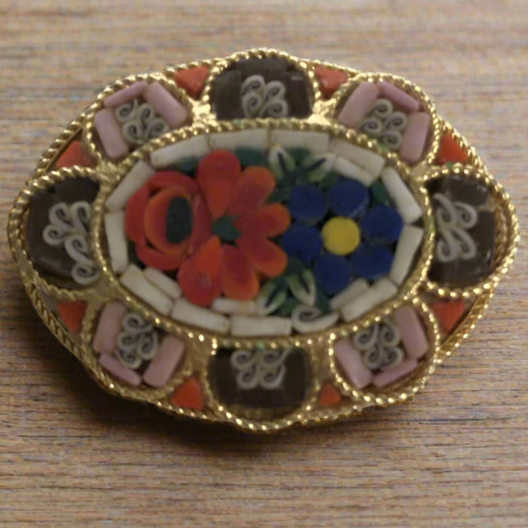 Vintage Micro Mosaic Art Deco Brooch. Gold Tone Filigree. Flower Floral