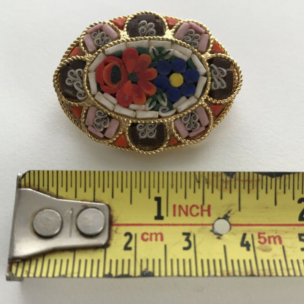 Vintage Micro Mosaic Art Deco Brooch. Gold Tone Filigree. Flower Floral