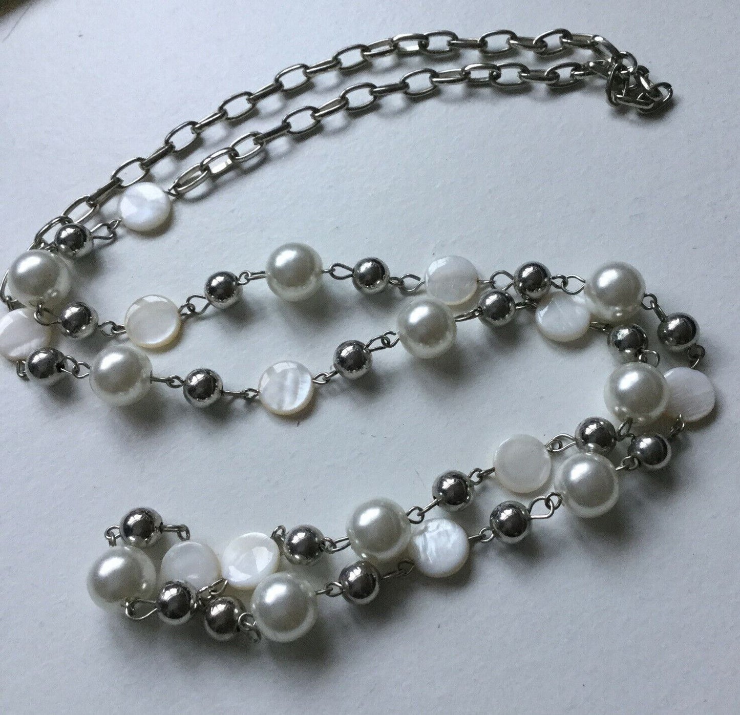 Pretty Long Beaded & Silver Tone Necklace. Cream. Simulated Pearl, Shell Summery