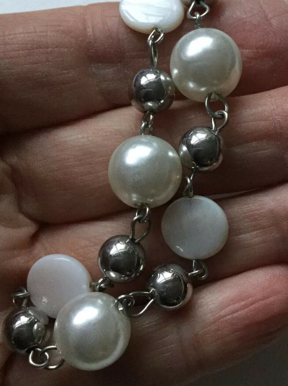 Pretty Long Beaded & Silver Tone Necklace. Cream. Simulated Pearl, Shell Summery
