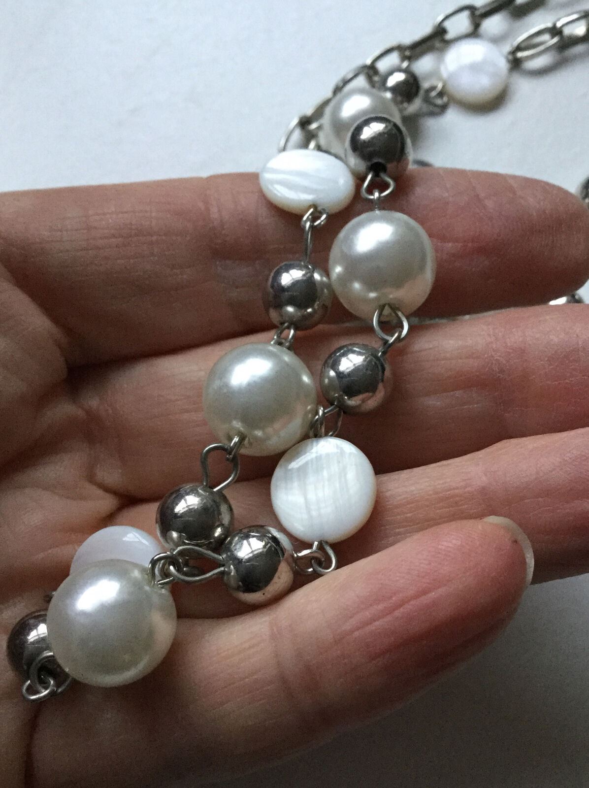 Pretty Long Beaded & Silver Tone Necklace. Cream. Simulated Pearl, Shell Summery