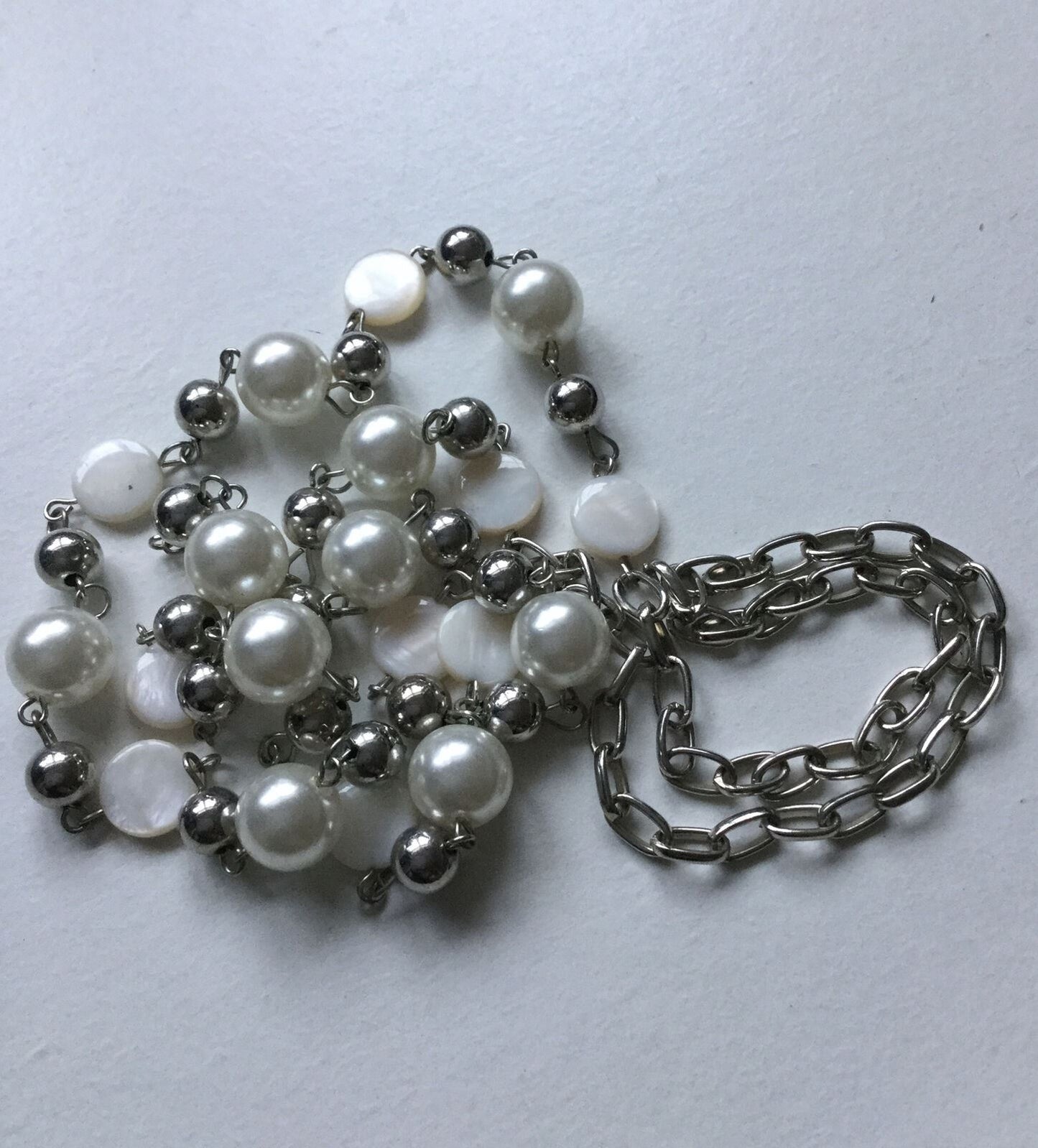 Pretty Long Beaded & Silver Tone Necklace. Cream. Simulated Pearl, Shell Summery