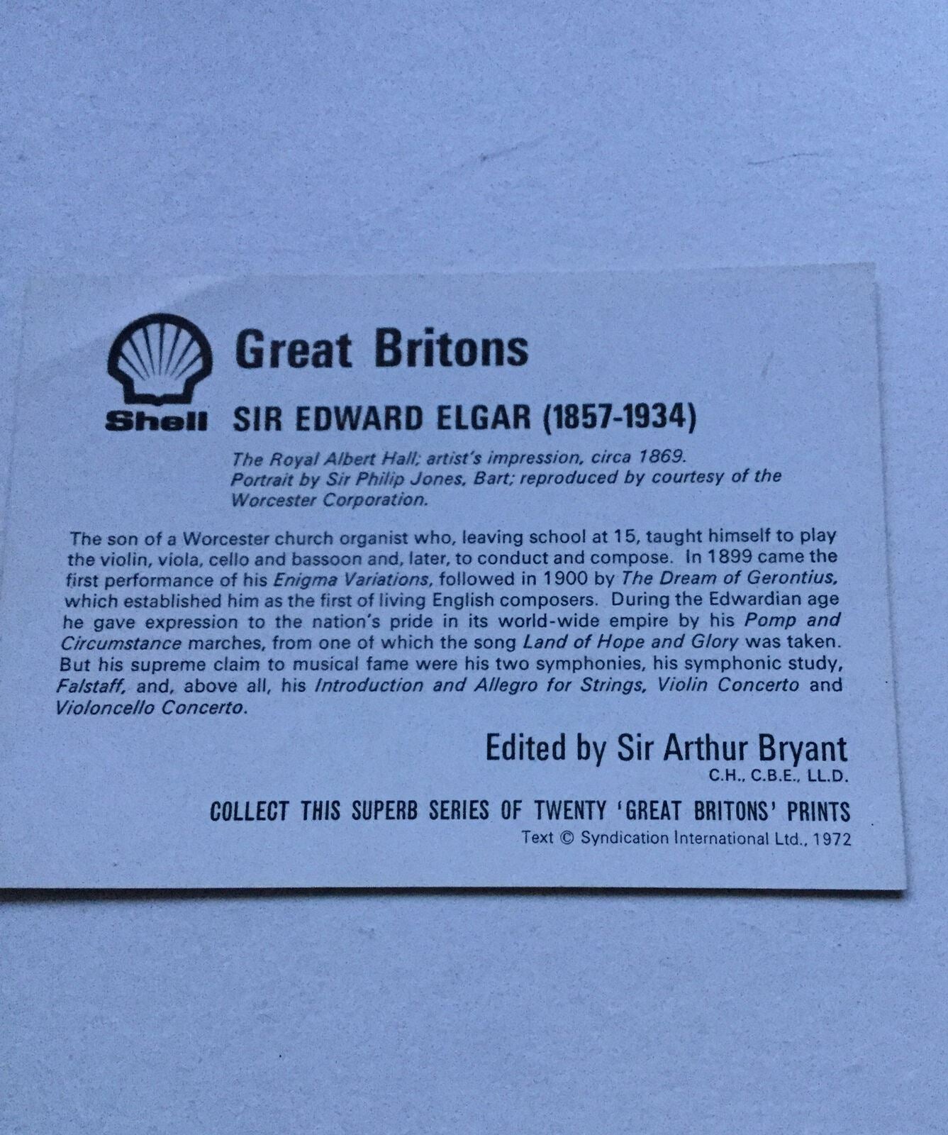 Sir Edward ELGAR and Royal Albert Hall - Great Britons Collectible Shell Card - 1972 - Vintage 70s
