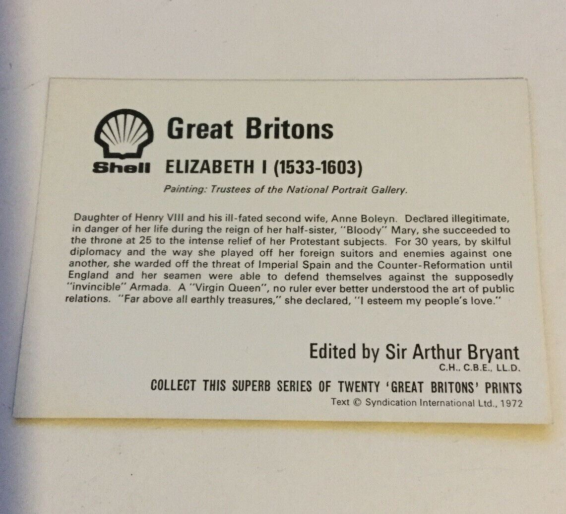 Queen Elizabeth I Great Britons Collectable Shell Card. 1972 Vintage 70s.