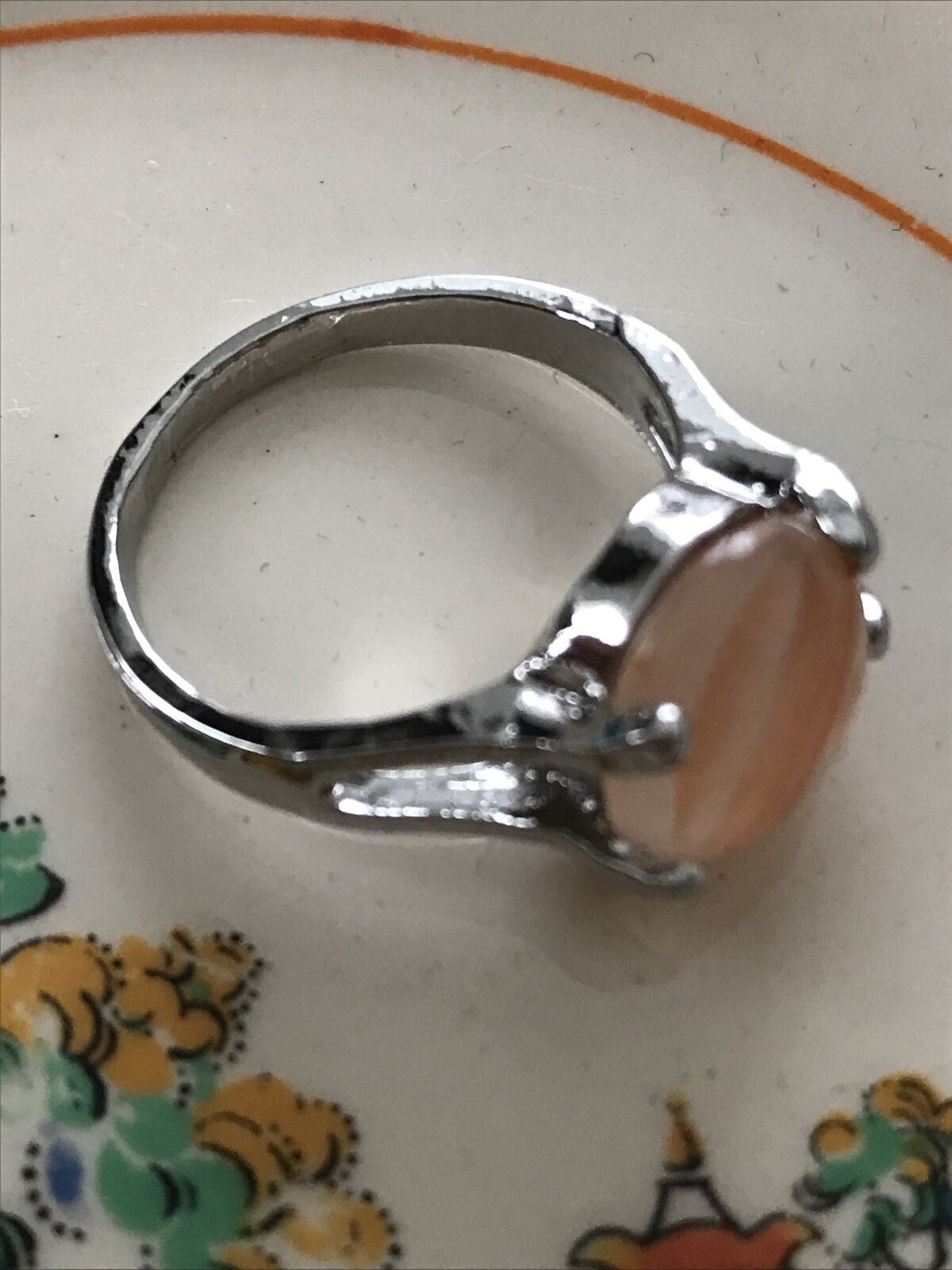 Silver Tone Costume Ring / Dress Ring / Cocktail Ring / Large Peach Coloured Stone - Valentines Gift