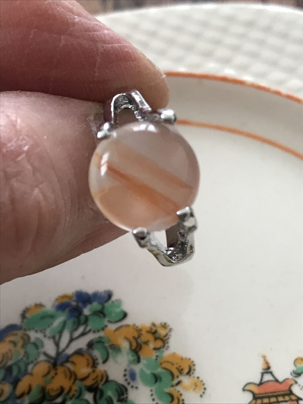Silver Tone Costume Ring / Dress Ring / Cocktail Ring / Large Peach Coloured Stone - Valentines Gift