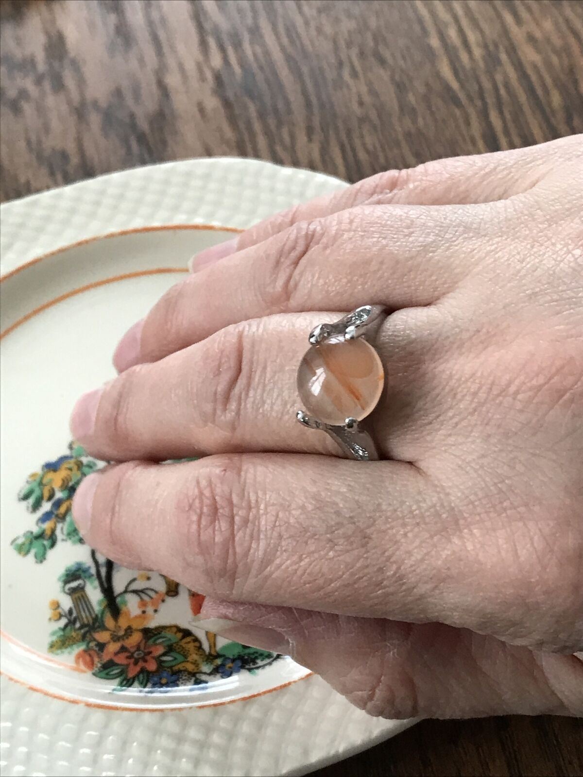 Silver Tone Costume Ring / Dress Ring / Cocktail Ring / Large Peach Coloured Stone - Valentines Gift