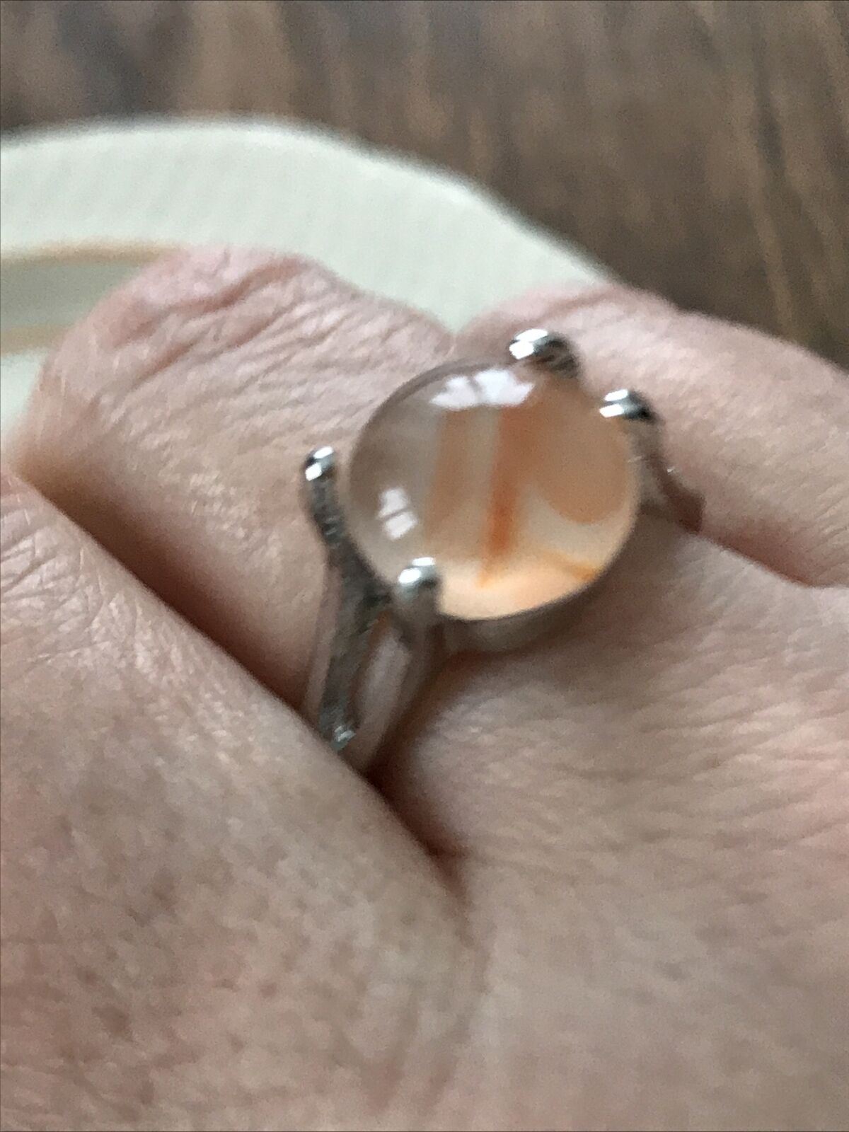 Silver Tone Costume Ring / Dress Ring / Cocktail Ring / Large Peach Coloured Stone - Valentines Gift