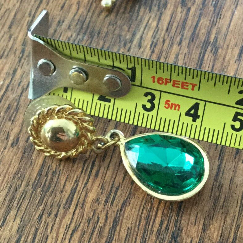 Chunky Gold And Green Drop Earrings. Costume. Bling. Sparkly. Pierced. Great party wear. 80s style.