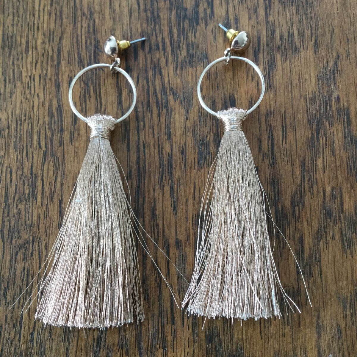Large Dangle Tassel Earrings. Gold Tone. Champagne / Pale Pink Tassels. Festival, Party, Fun.