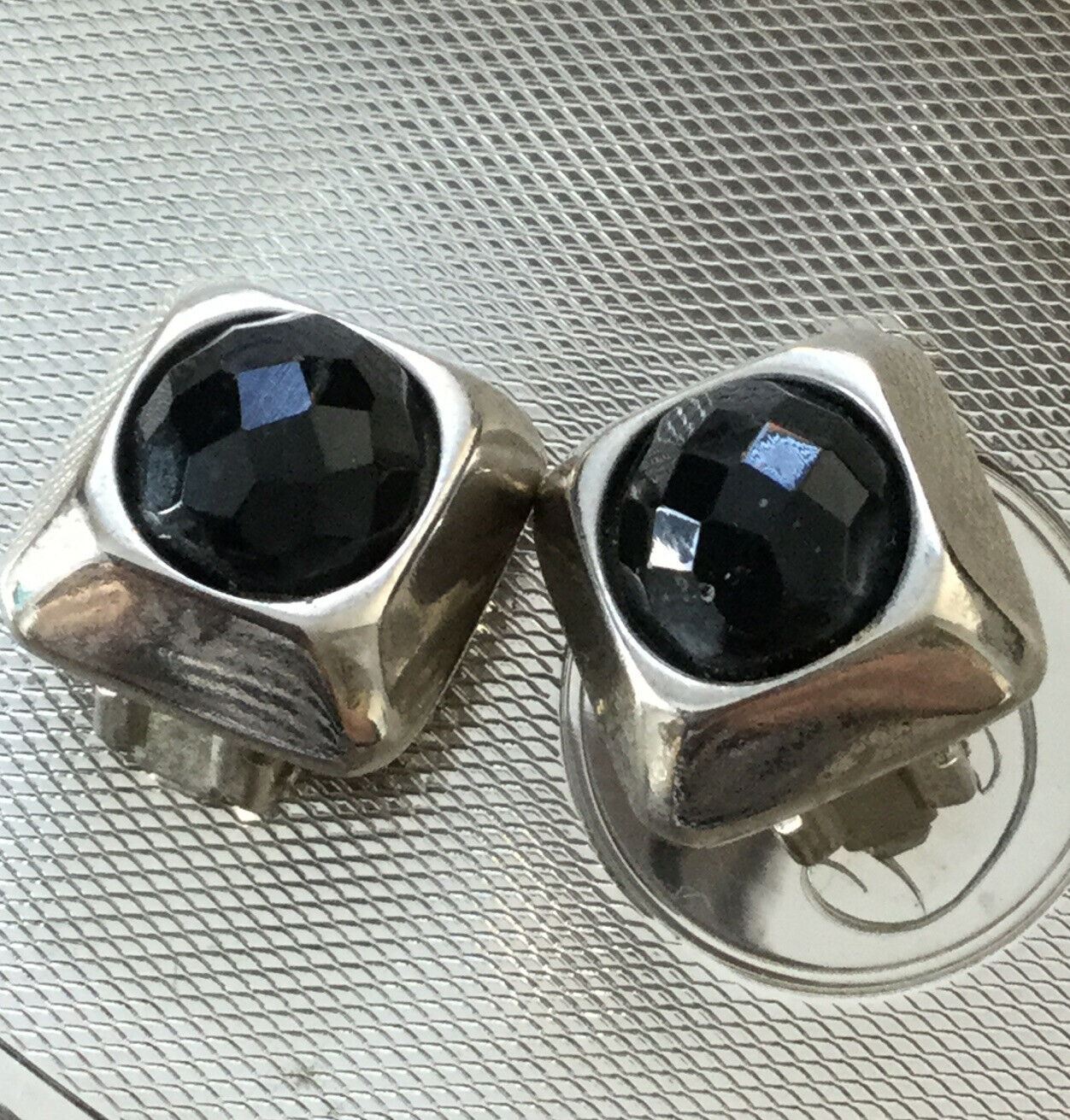 Lovely Quality Vintage Clip On Square Shape Earrings - Silver Tone - Chunky Stud Black Faceted Glass