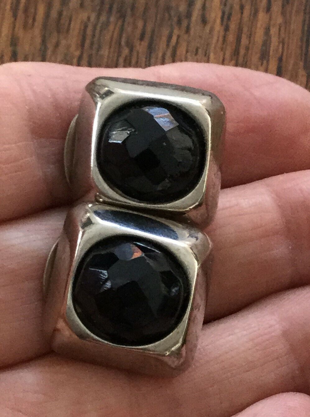 Lovely Quality Vintage Clip On Square Shape Earrings - Silver Tone - Chunky Stud Black Faceted Glass