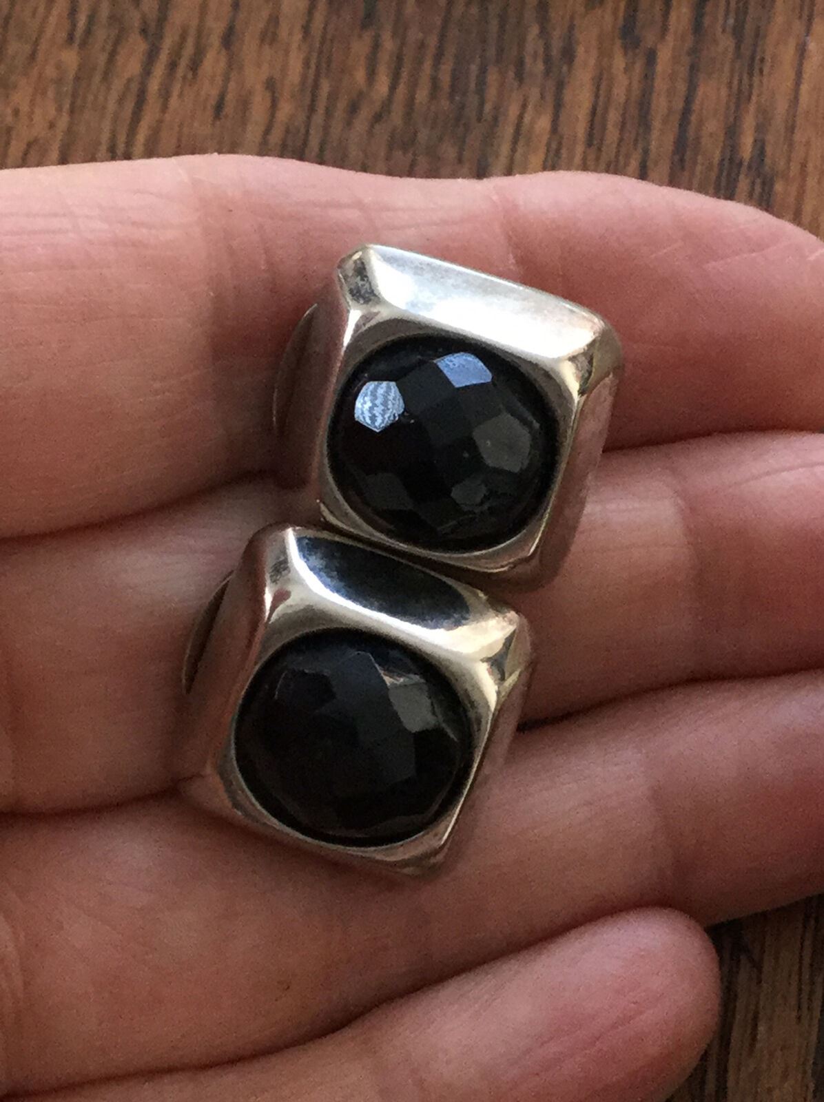 Lovely Quality Vintage Clip On Square Shape Earrings - Silver Tone - Chunky Stud Black Faceted Glass