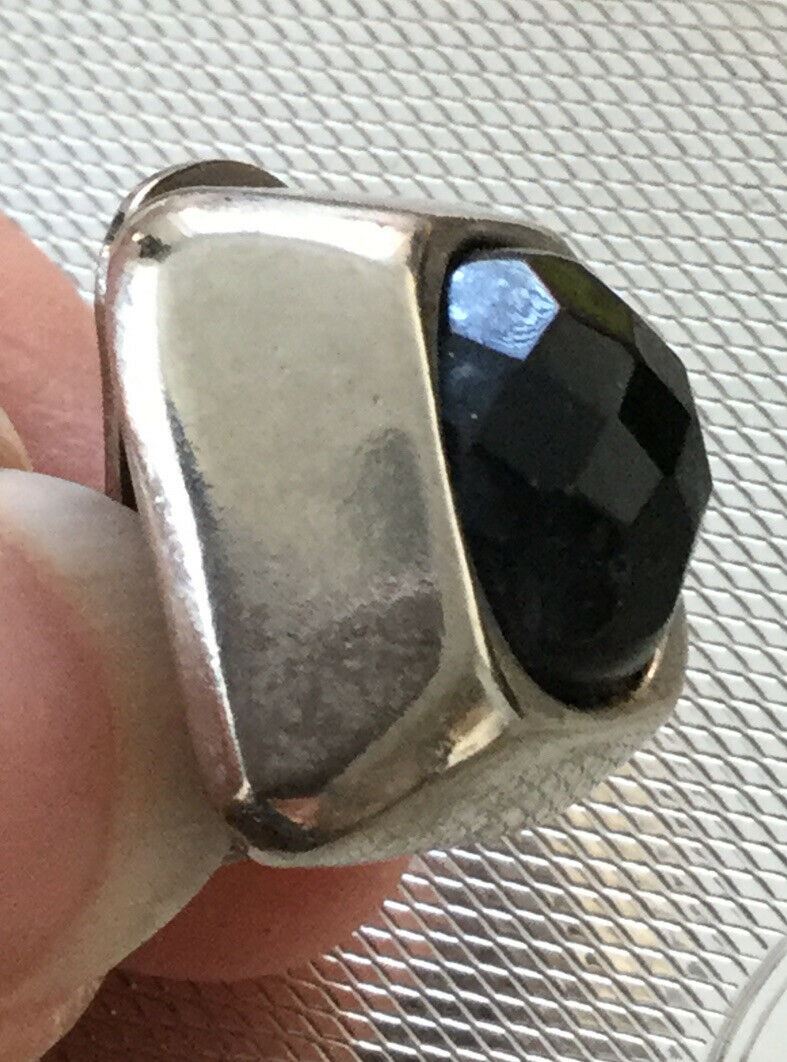 Lovely Quality Vintage Clip On Square Shape Earrings - Silver Tone - Chunky Stud Black Faceted Glass