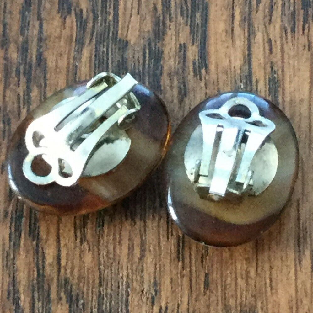 Vintage Clip-On Earrings – Amber-Coloured Glass Ovals - Retro -