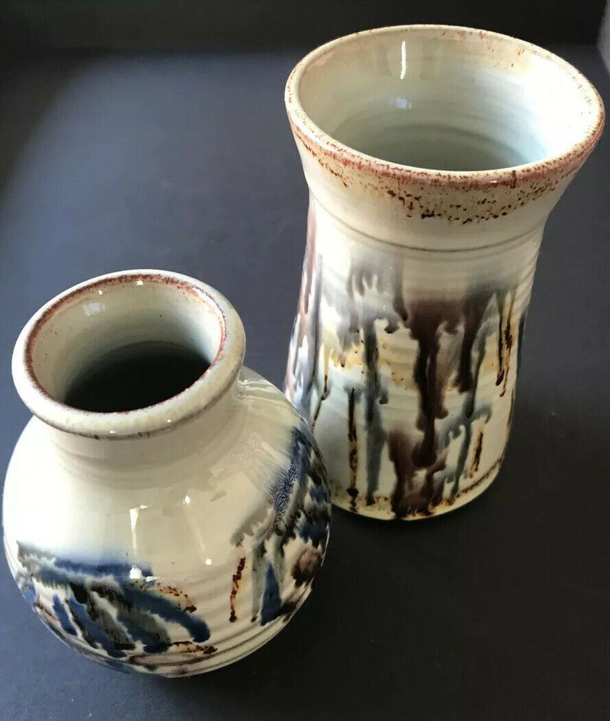Pair Of Small Artisan Vases. Rustic. Country Style. Studio. Neutral Colours. Trickle Glaze