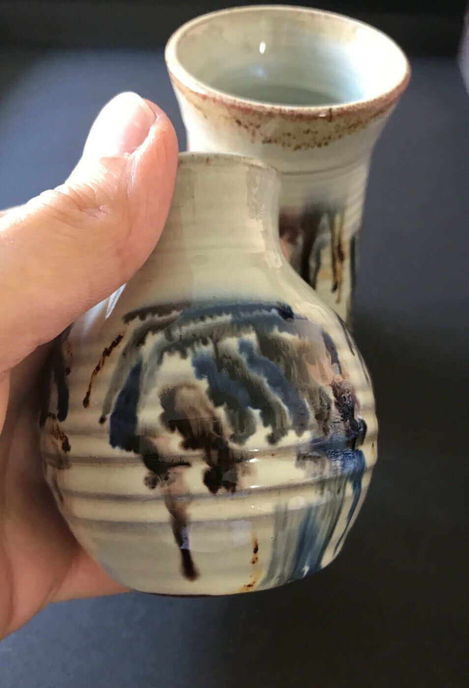 Pair Of Small Artisan Vases. Rustic. Country Style. Studio. Neutral Colours. Trickle Glaze