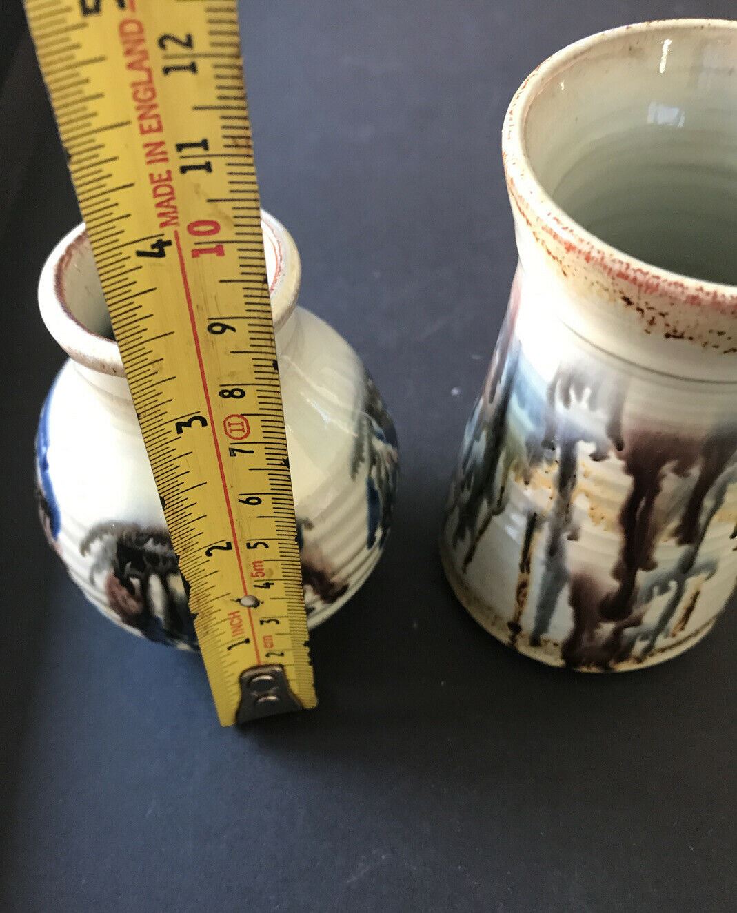 Pair Of Small Artisan Vases. Rustic. Country Style. Studio. Neutral Colours. Trickle Glaze