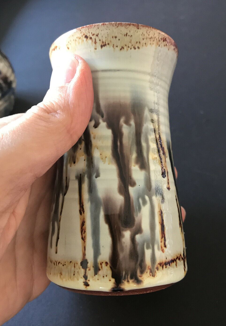 Pair Of Small Artisan Vases. Rustic. Country Style. Studio. Neutral Colours. Trickle Glaze