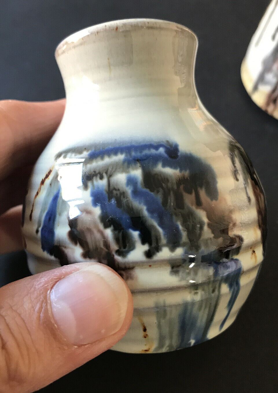 Pair Of Small Artisan Vases. Rustic. Country Style. Studio. Neutral Colours. Trickle Glaze