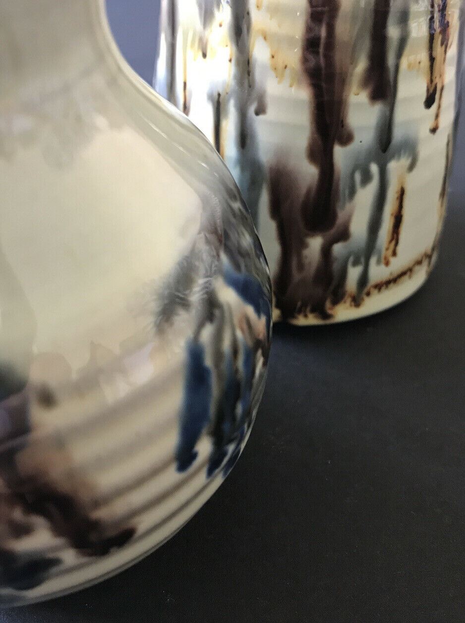 Pair Of Small Artisan Vases. Rustic. Country Style. Studio. Neutral Colours. Trickle Glaze