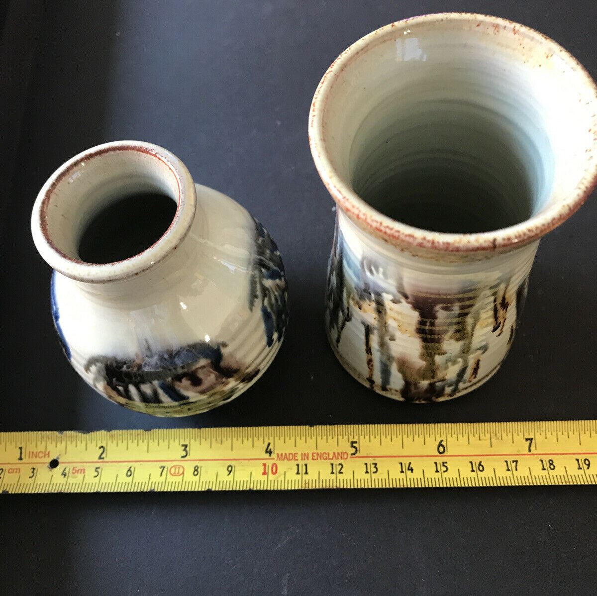 Pair Of Small Artisan Vases. Rustic. Country Style. Studio. Neutral Colours. Trickle Glaze