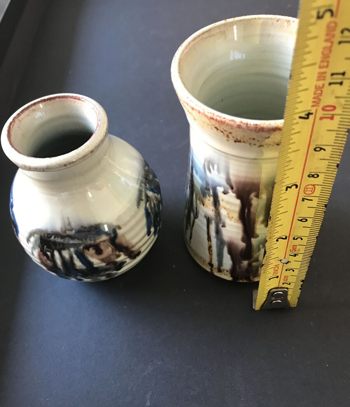 Pair Of Small Artisan Vases. Rustic. Country Style. Studio. Neutral Colours. Trickle Glaze