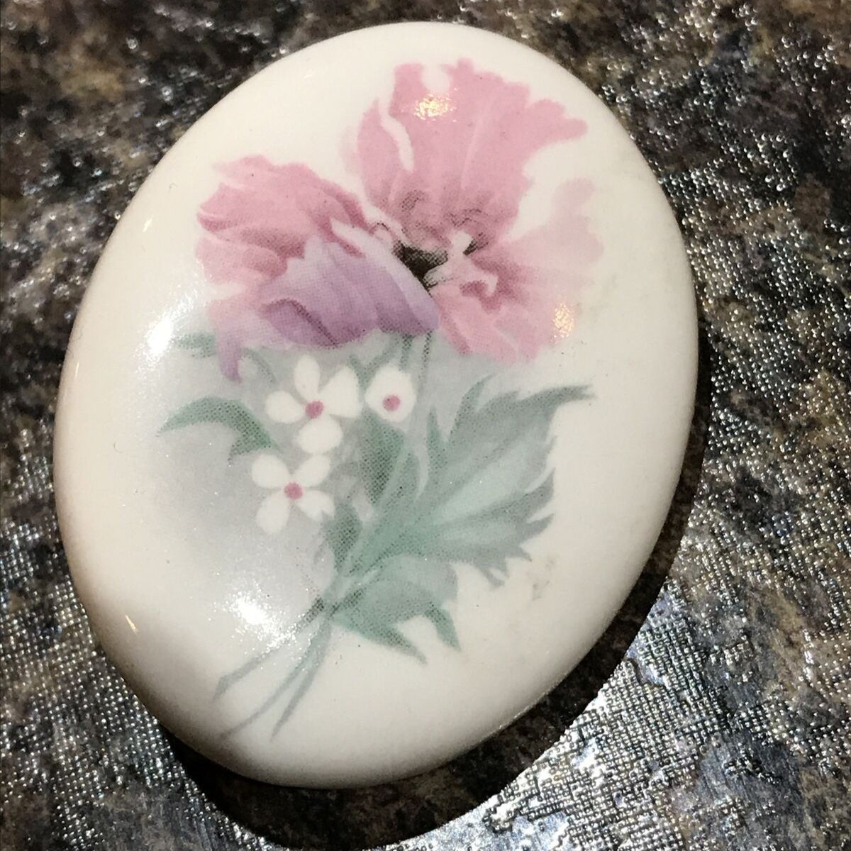 Ceramic Oval Floral Brooch - Pink White Green - Anemone Poppy Design - Valentines Gift - Mothers Day Gift