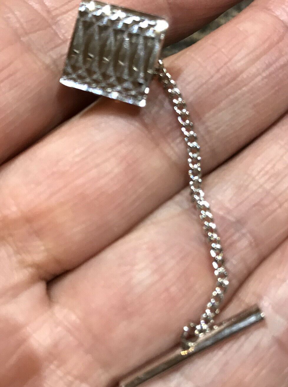 Silver Plated Tie Pin With Safety Chain. Diamond Cut, Light Catching. Square.