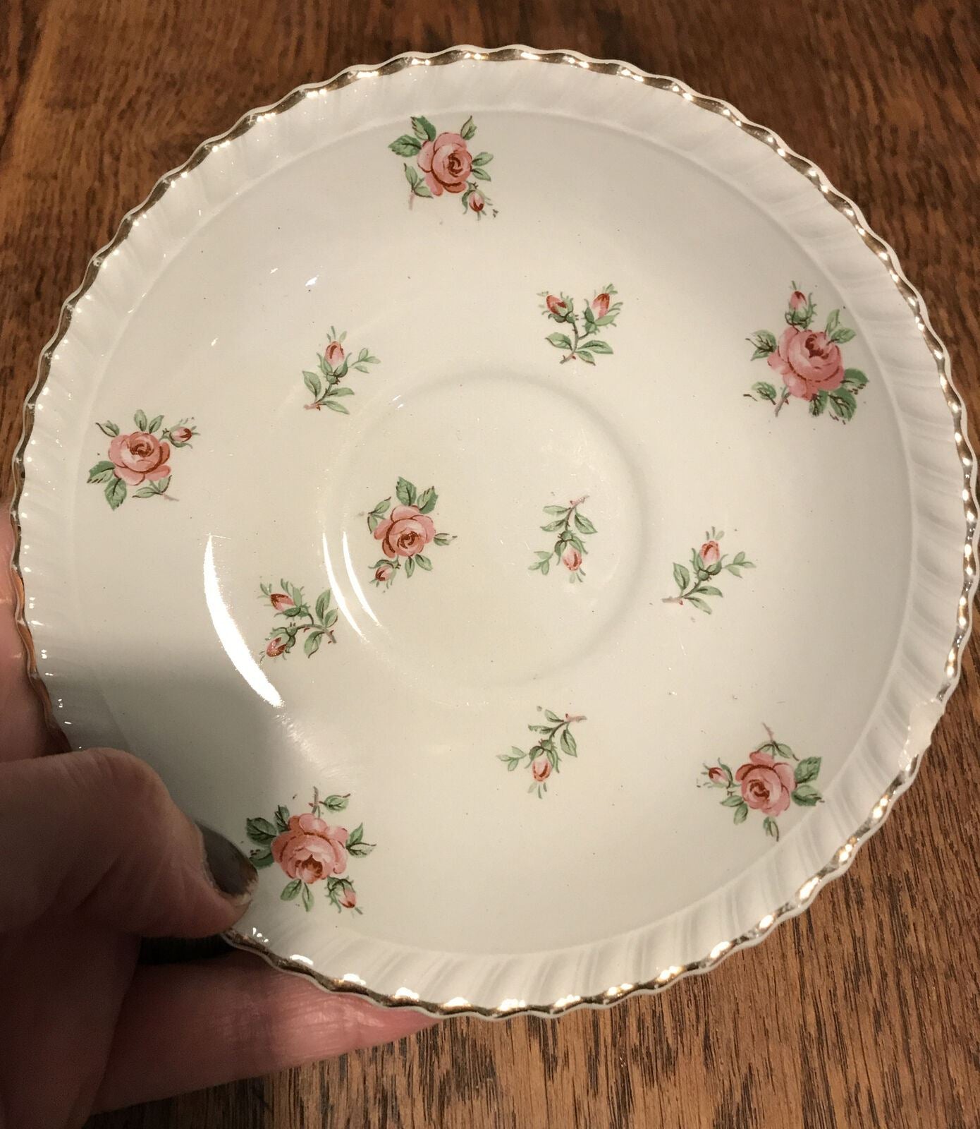 Spare Saucer - Johnson Brothers - Green With Roses - Chintzy - Chipped - Trinket Dish / Pin Dish