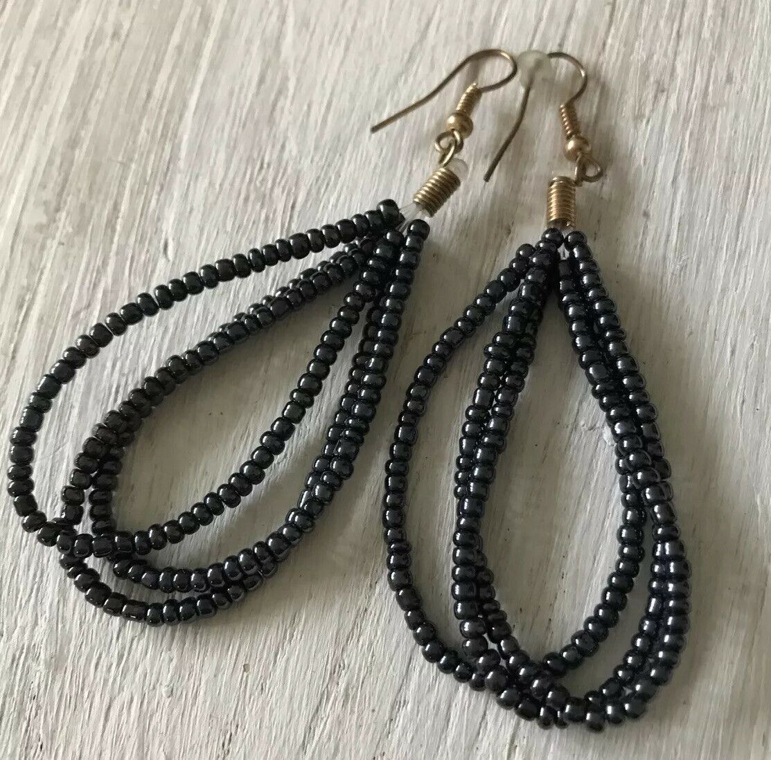 Long Multi Strand Beaded Drop Earrings. Grey. Loopy. Dressy Modern Elegant. Pierced ears.